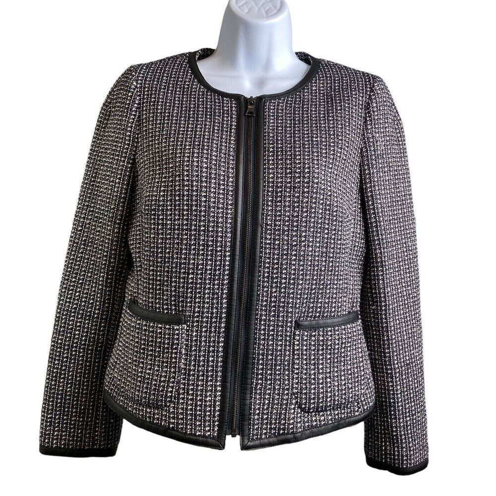 Banana Republic‎ Women's Black Tweed Collarless Faux Leather Trim Blazer Size 4